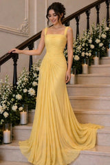 Daffodil Yellow Chiffon Mermaid Evening Dress Square Neck Wide Straps Ruched Draped Formal Gown with Sweep Train