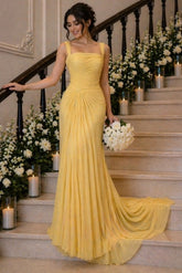 Daffodil Yellow Chiffon Mermaid Evening Dress Square Neck Wide Straps Ruched Draped Formal Gown with Sweep Train