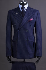 Dark Blue Peak Lapel Double Breasted Striped Business Suit