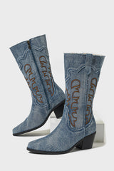 Dark Blue Pointed Toe Mid Calf Chunky Heel Embroidered Cowgirl Boots