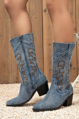 Dark Blue Pointed Toe Mid Calf Chunky Heel Embroidered Cowgirl Boots