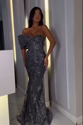 Dark Gray Off-the-Shoulder Sleeveless Sequined Mermaid Applique Floor Formal Evening Gown