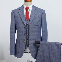 Dark Gray Plaid Three Pieces Notched Lapel Formal Men’s Wear