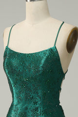 Dark Green Beaded Bodycon Prom Dress With Criss Cross Back