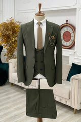 Dark Green Classic Peaked Lapel Three-Piece Business Suit