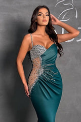 Dark Green Column Spaghetti Straps Beadings Sleeveless Prom Evening Dresses with Ruffles