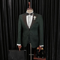 Dark Green Elegant Peaked Lapel Three-Piece Jacquard Men’s Suits