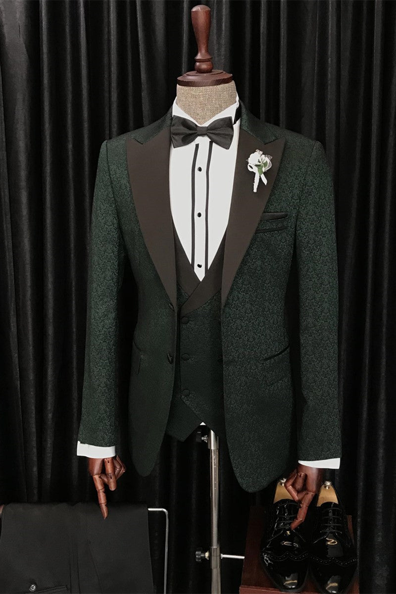Dark Green Elegant Peaked Lapel Three-Piece Jacquard Men’s Suits