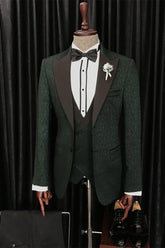 Dark Green Elegant Peaked Lapel Three-Piece Jacquard Men’s Suits
