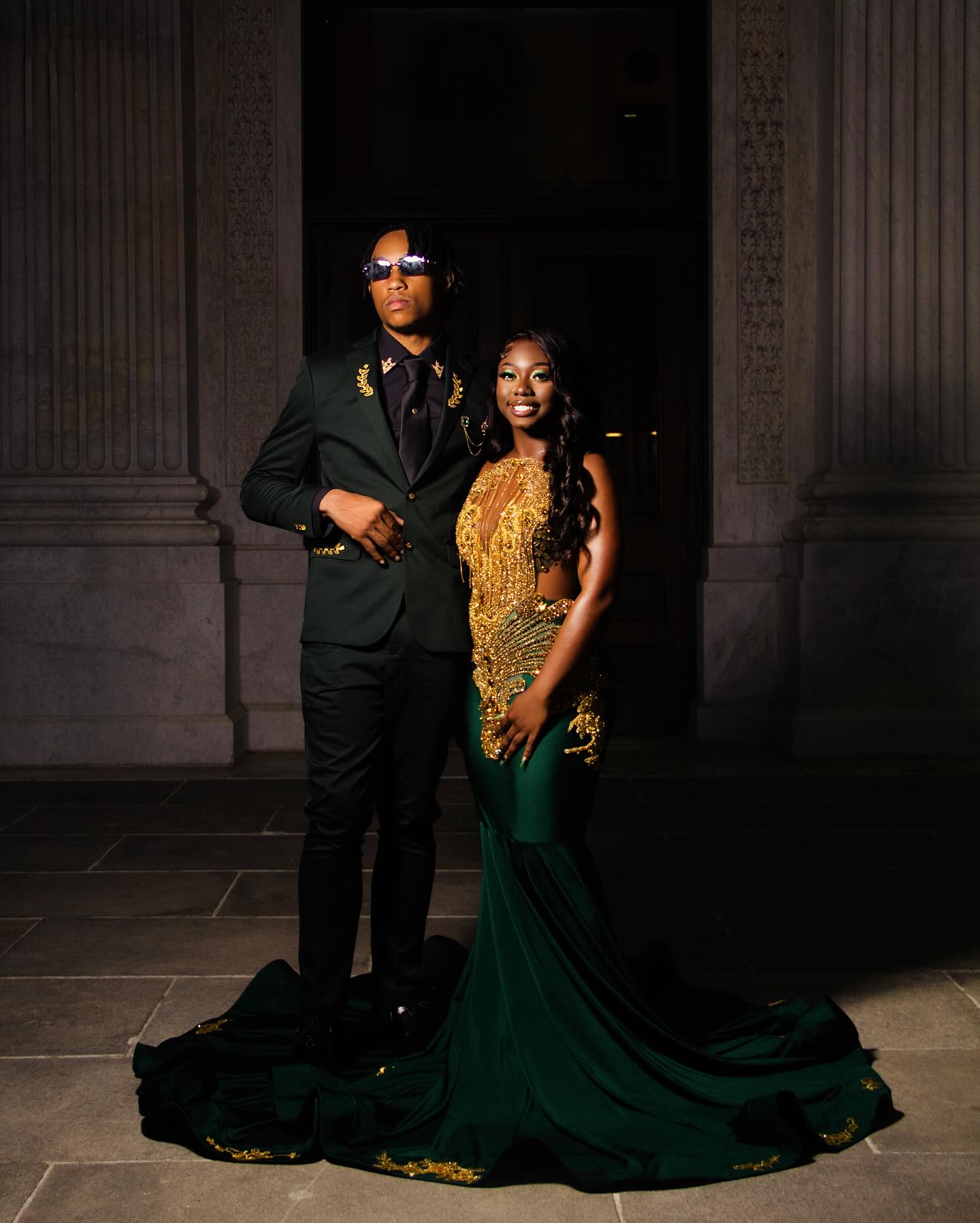 Dark Green Gold Mermaid Prom Dress Deep Plunge V Neck Illusion Boned Corset Gold Crystal Fan Radial Beading Fringe Tassel Gold Floral Applique Chapel Train Gown