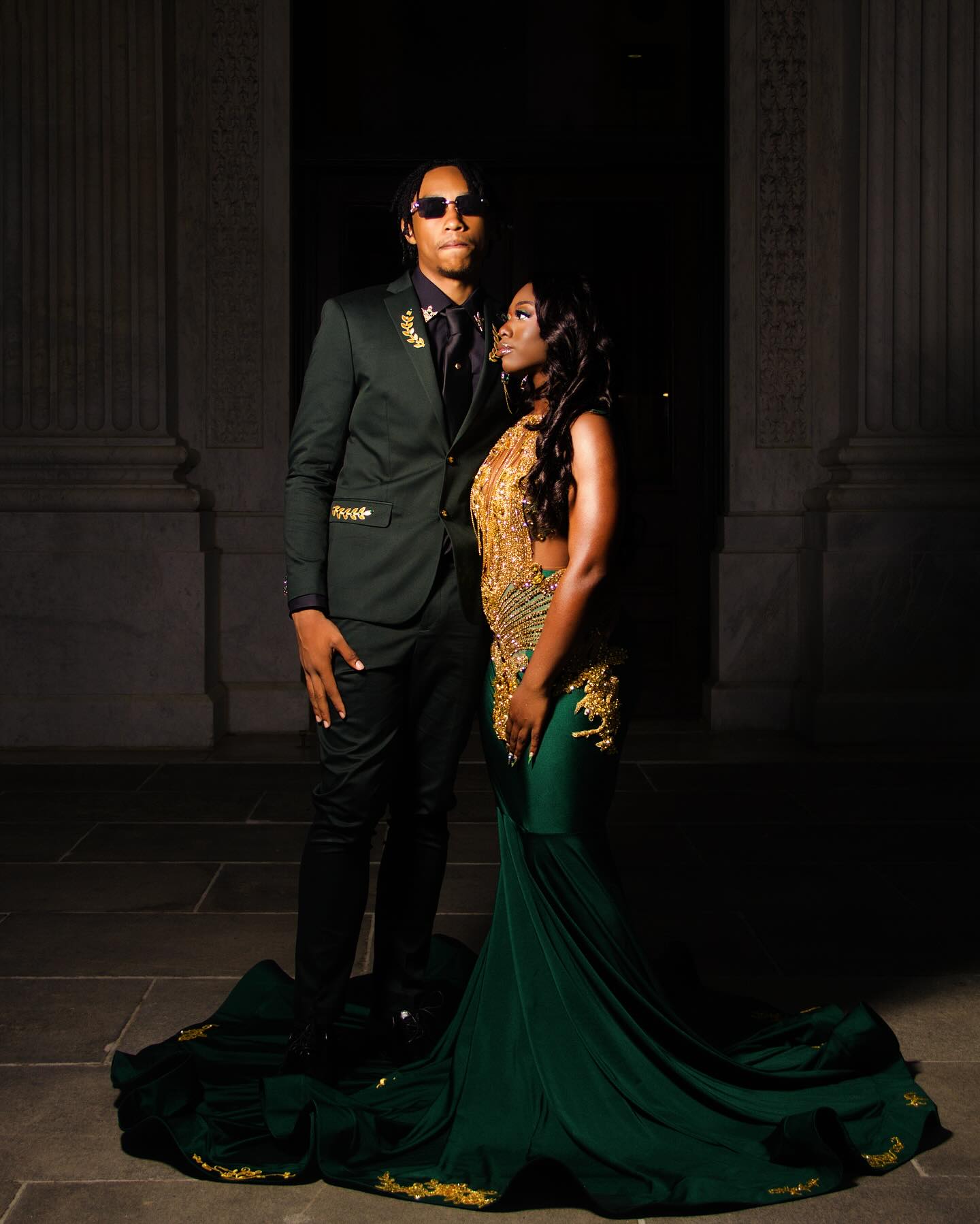 Dark Green Gold Mermaid Prom Dress Deep Plunge V Neck Illusion Boned Corset Gold Crystal Fan Radial Beading Fringe Tassel Gold Floral Applique Chapel Train Gown