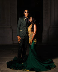 Dark Green Gold Mermaid Prom Dress Deep Plunge V Neck Illusion Boned Corset Gold Crystal Fan Radial Beading Fringe Tassel Gold Floral Applique Chapel Train Gown