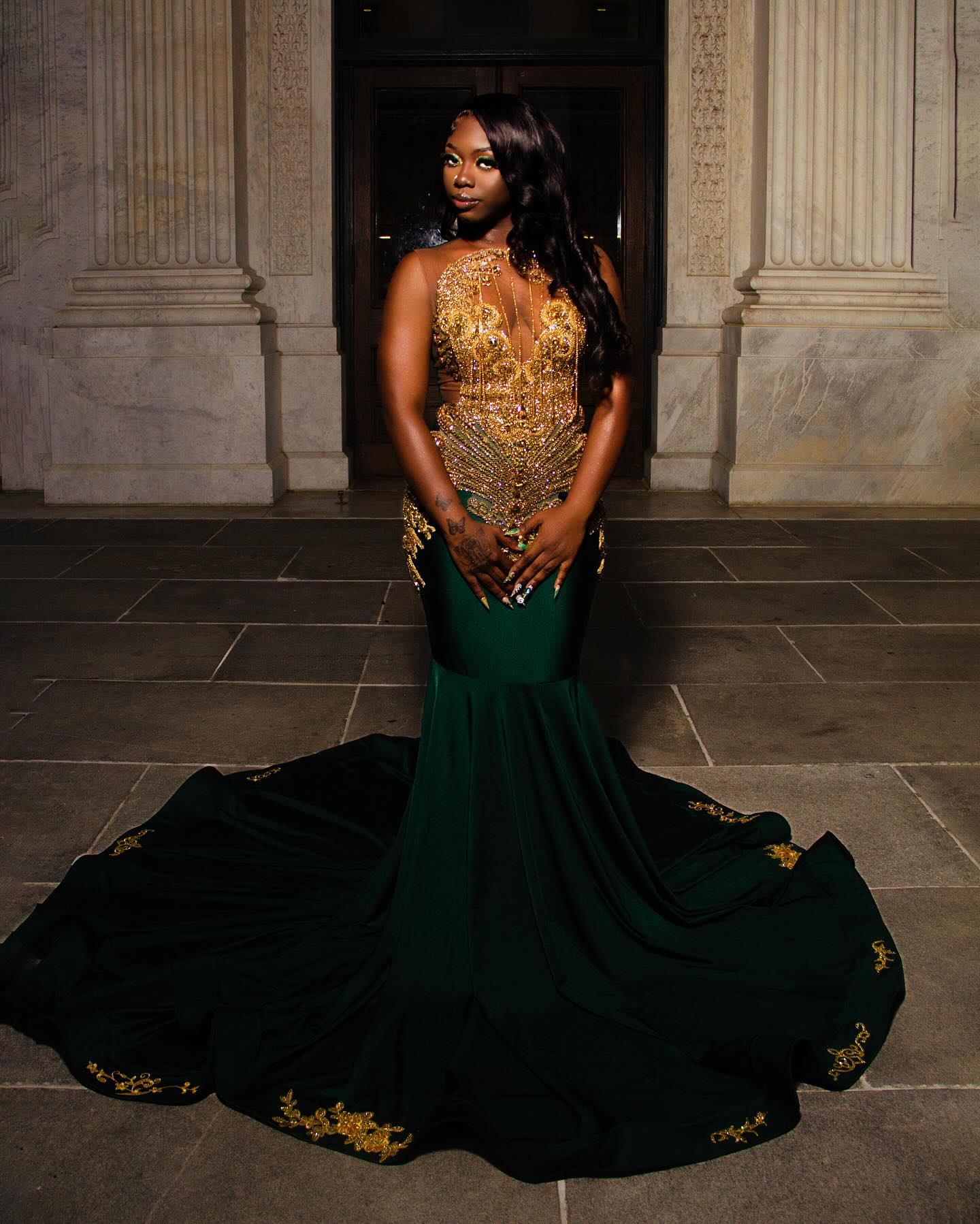 Dark Green Gold Mermaid Prom Dress Deep Plunge V Neck Illusion Boned Corset Gold Crystal Fan Radial Beading Fringe Tassel Gold Floral Applique Chapel Train Gown