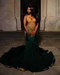 Dark Green Gold Mermaid Prom Dress Deep Plunge V Neck Illusion Boned Corset Gold Crystal Fan Radial Beading Fringe Tassel Gold Floral Applique Chapel Train Gown