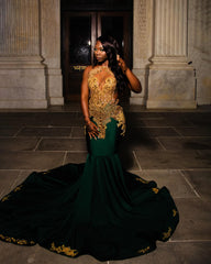 Dark Green Gold Mermaid Prom Dress Deep Plunge V Neck Illusion Boned Corset Gold Crystal Fan Radial Beading Fringe Tassel Gold Floral Applique Chapel Train Gown