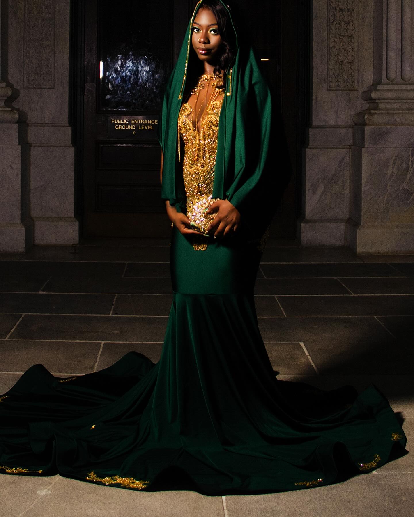 Dark Green Gold Mermaid Prom Dress Deep Plunge V Neck Illusion Boned Corset Gold Crystal Fan Radial Beading Fringe Tassel Gold Floral Applique Chapel Train Gown