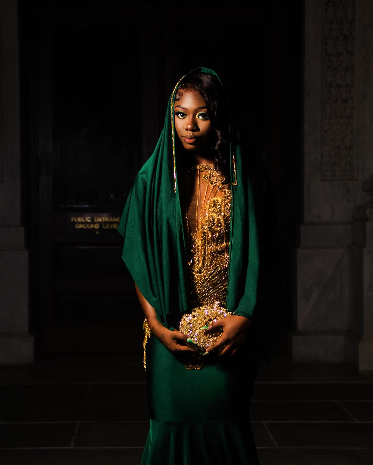 Dark Green Gold Mermaid Prom Dress Deep Plunge V Neck Illusion Boned Corset Gold Crystal Fan Radial Beading Fringe Tassel Gold Floral Applique Chapel Train Gown