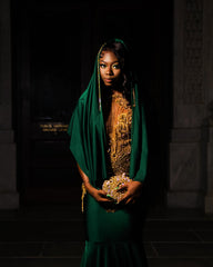 Dark Green Gold Mermaid Prom Dress Deep Plunge V Neck Illusion Boned Corset Gold Crystal Fan Radial Beading Fringe Tassel Gold Floral Applique Chapel Train Gown