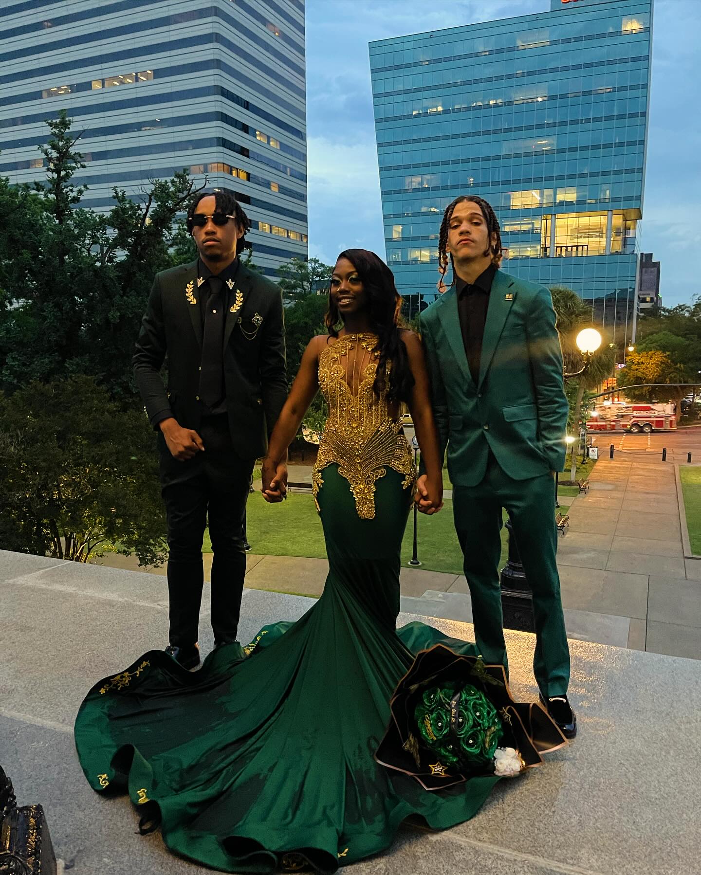 Dark Green Gold Mermaid Prom Dress Deep Plunge V Neck Illusion Boned Corset Gold Crystal Fan Radial Beading Fringe Tassel Gold Floral Applique Chapel Train Gown