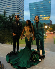 Dark Green Gold Mermaid Prom Dress Deep Plunge V Neck Illusion Boned Corset Gold Crystal Fan Radial Beading Fringe Tassel Gold Floral Applique Chapel Train Gown