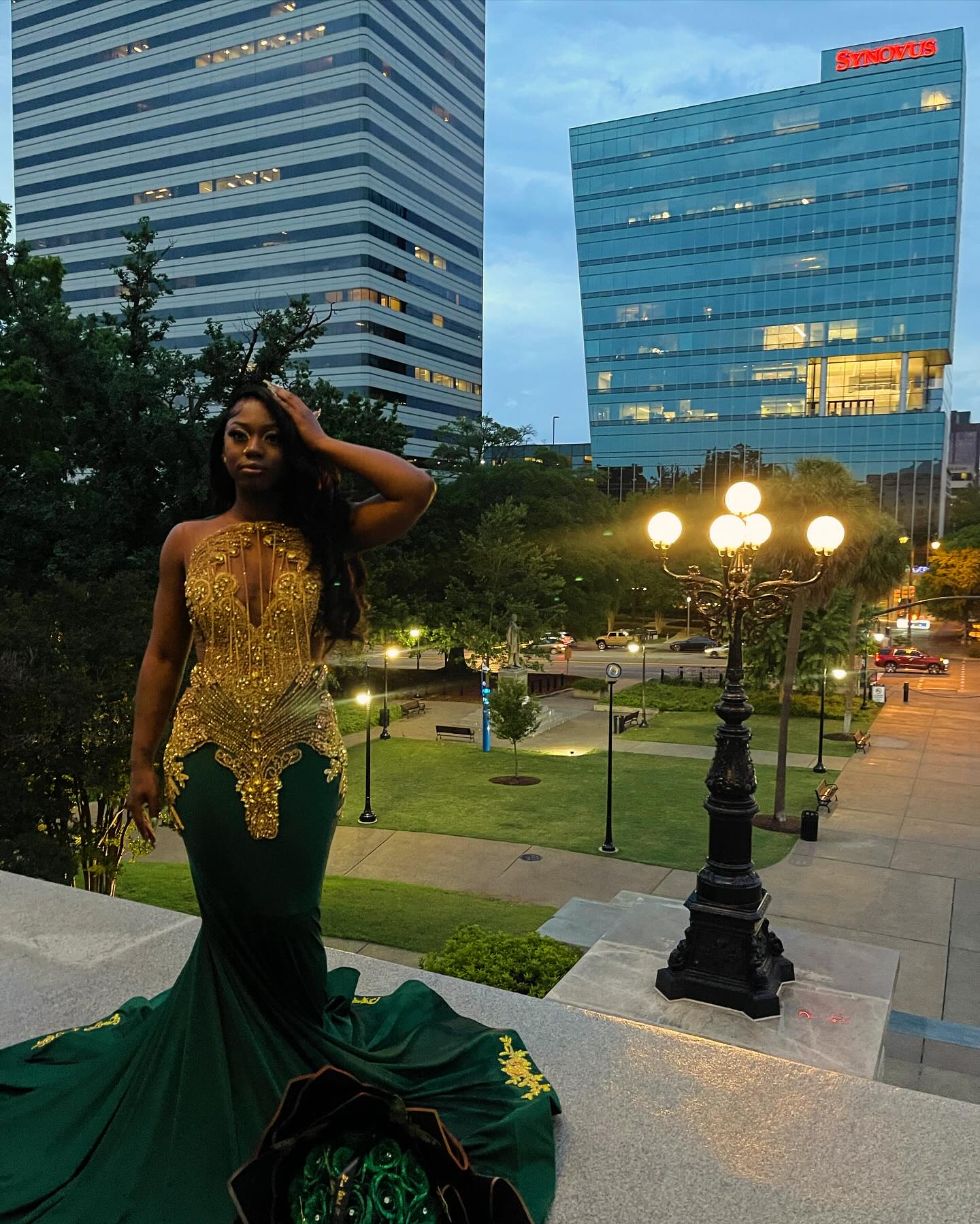 Dark Green Gold Mermaid Prom Dress Deep Plunge V Neck Illusion Boned Corset Gold Crystal Fan Radial Beading Fringe Tassel Gold Floral Applique Chapel Train Gown