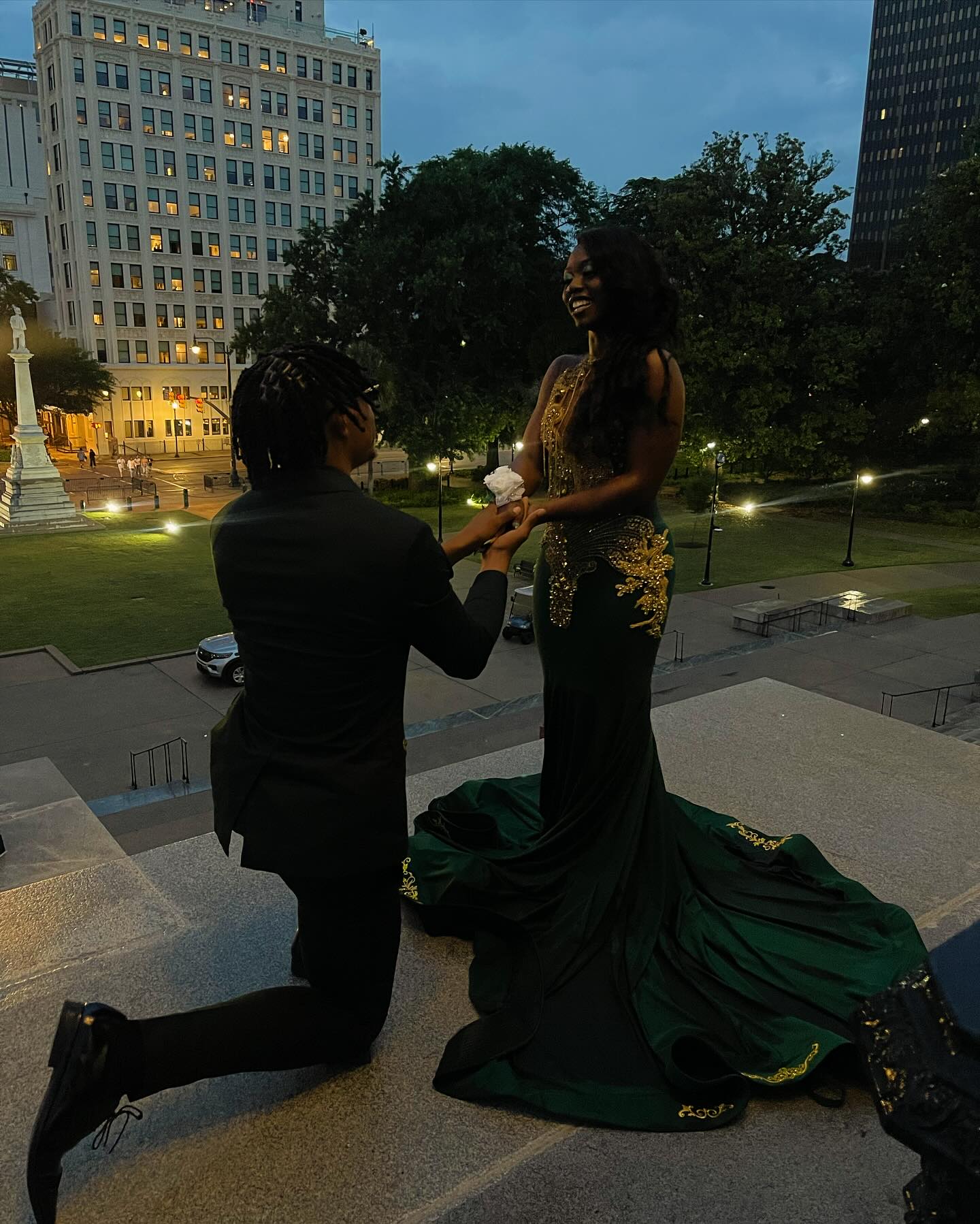 Dark Green Gold Mermaid Prom Dress Deep Plunge V Neck Illusion Boned Corset Gold Crystal Fan Radial Beading Fringe Tassel Gold Floral Applique Chapel Train Gown