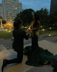 Dark Green Gold Mermaid Prom Dress Deep Plunge V Neck Illusion Boned Corset Gold Crystal Fan Radial Beading Fringe Tassel Gold Floral Applique Chapel Train Gown