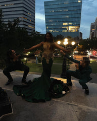 Dark Green Gold Mermaid Prom Dress Deep Plunge V Neck Illusion Boned Corset Gold Crystal Fan Radial Beading Fringe Tassel Gold Floral Applique Chapel Train Gown