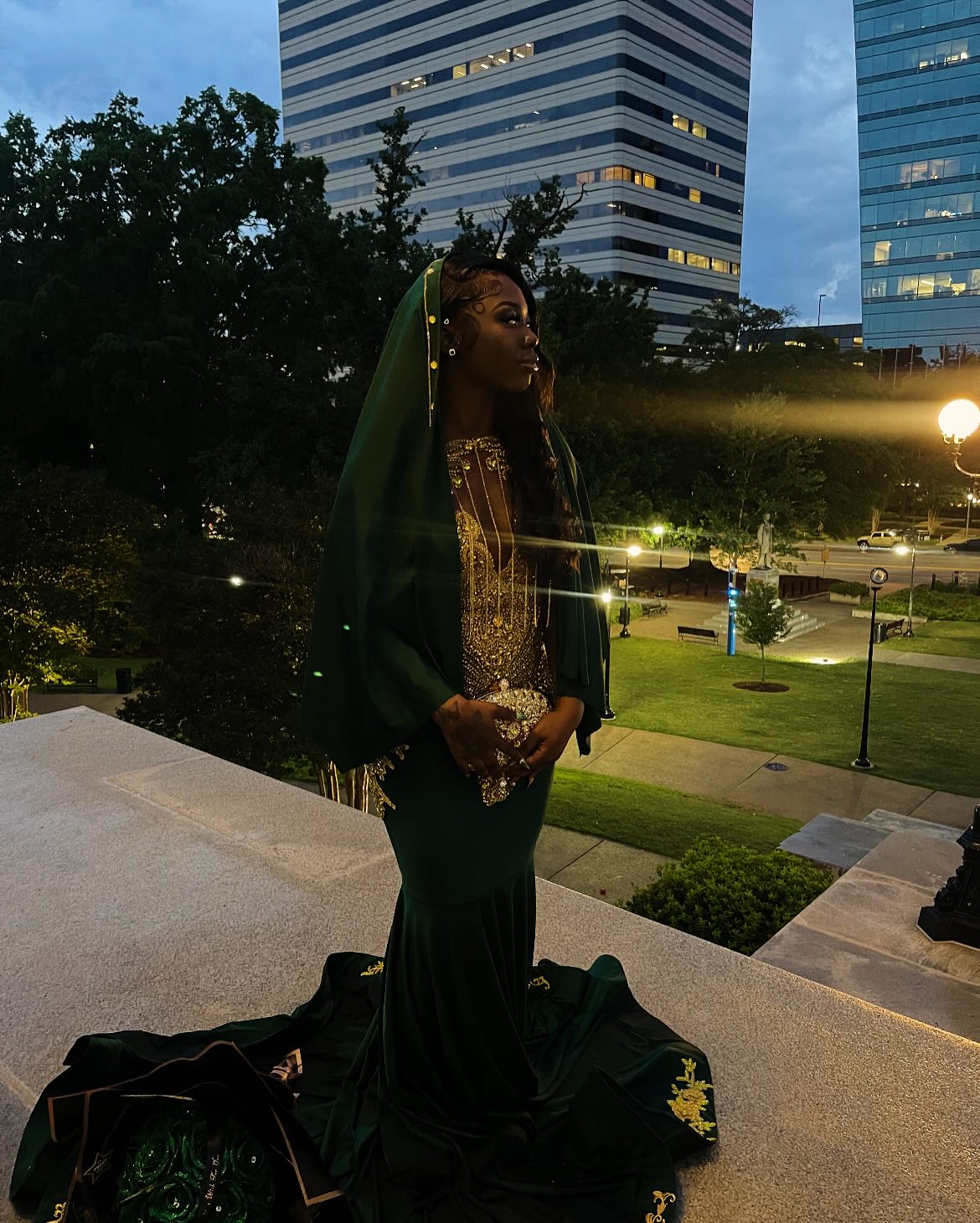 Dark Green Gold Mermaid Prom Dress Deep Plunge V Neck Illusion Boned Corset Gold Crystal Fan Radial Beading Fringe Tassel Gold Floral Applique Chapel Train Gown