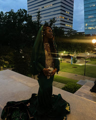 Dark Green Gold Mermaid Prom Dress Deep Plunge V Neck Illusion Boned Corset Gold Crystal Fan Radial Beading Fringe Tassel Gold Floral Applique Chapel Train Gown