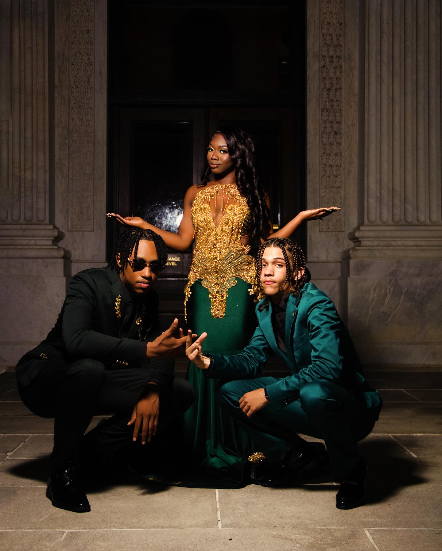 Dark Green Gold Mermaid Prom Dress Deep Plunge V Neck Illusion Boned Corset Gold Crystal Fan Radial Beading Fringe Tassel Gold Floral Applique Chapel Train Gown