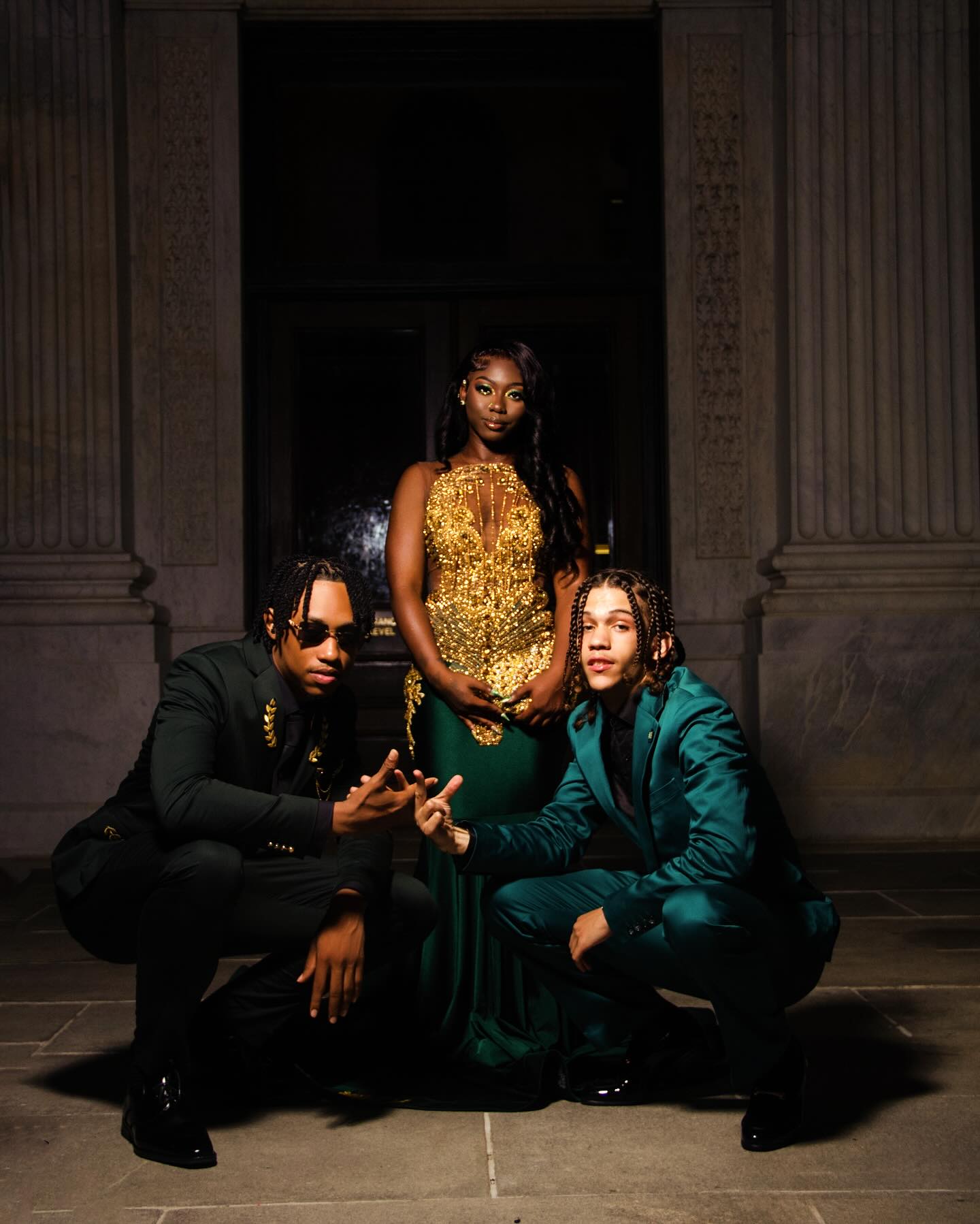 Dark Green Gold Mermaid Prom Dress Deep Plunge V Neck Illusion Boned Corset Gold Crystal Fan Radial Beading Fringe Tassel Gold Floral Applique Chapel Train Gown