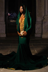 Dark Green Gold Mermaid Prom Dress Deep Plunge V Neck Illusion Boned Corset Gold Crystal Fan Radial Beading Fringe Tassel Gold Floral Applique Chapel Train Gown