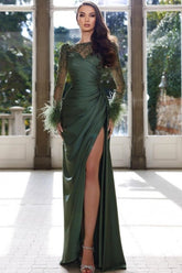 Dark Green High Neck Long Sleeve Beaded Column Satin Floor Length Formal Evening Gown