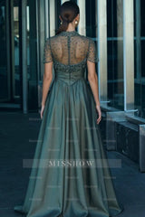 Dark Green High Neck Short Sleeve A-Line Beaded Satin Floor Length Formal Evening Gown