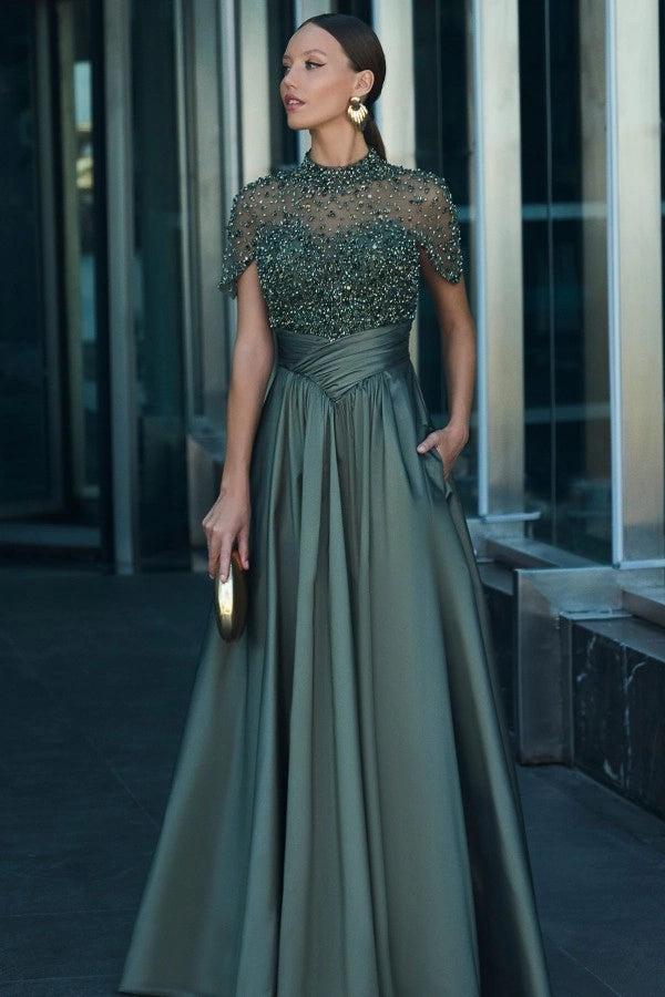 Dark Green High Neck Short Sleeve A-Line Beaded Satin Floor Length Formal Evening Gown