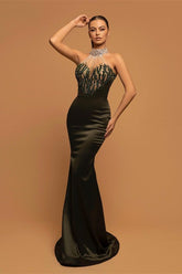 Dark green high neck beaded mermaid evening dress