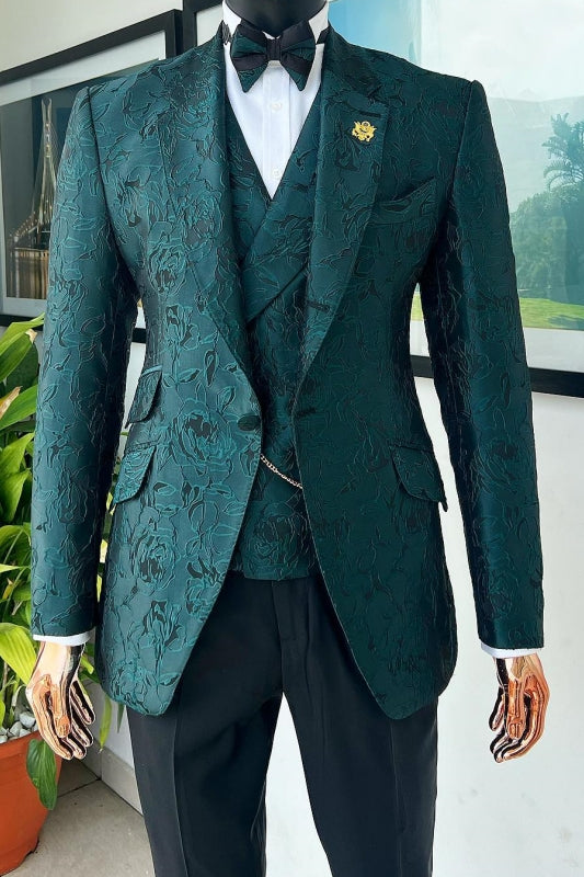 Dark Green Jacquard Notched Lapel Three-Piece Luxury Prom Suit