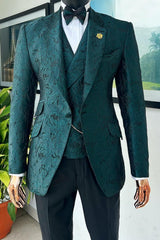 Dark Green Jacquard Notched Lapel Three-Piece Luxury Prom Suit