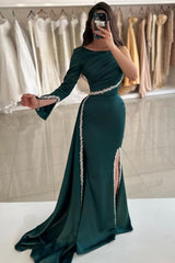 Dark Green Mermaid Crew One-shoulder Long Sleeve Beaded Panel Train Satin Split Front Prom Evening Dresses With Rhinestone