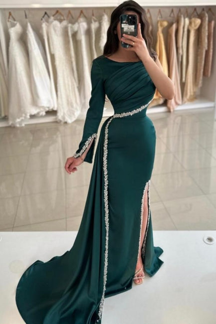 Dark Green Mermaid Crew One-shoulder Long Sleeve Beaded Panel Train Satin Split Front Prom Evening Dresses With Rhinestone