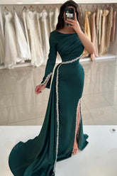 Dark Green Mermaid Crew One-shoulder Long Sleeve Beaded Panel Train Satin Split Front Prom Evening Dresses With Rhinestone