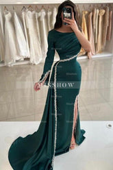 Dark Green Mermaid Crew One-shoulder Long Sleeve Beaded Panel Train Satin Split Front Prom Evening Dresses With Rhinestone