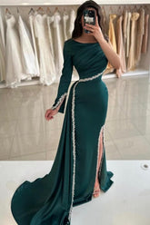 Dark Green Mermaid Crew One-shoulder Long Sleeve Beaded Panel Train Satin Split Front Prom Evening Dresses With Rhinestone