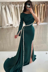 Dark Green Mermaid Crew One-shoulder Long Sleeve Beaded Panel Train Satin Split Front Prom Evening Dresses With Rhinestone