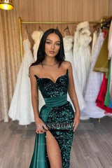Dark Green Mermaid Sweetheart Strapless Sequined Sleeveless Panel Train Satin Evening Dresses With Slit