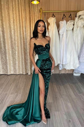 Dark Green Mermaid Sweetheart Strapless Sequined Sleeveless Panel Train Satin Evening Dresses With Slit