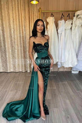 Dark Green Mermaid Sweetheart Strapless Sequined Sleeveless Panel Train Satin Evening Dresses With Slit