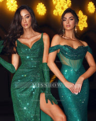 Dark Green Off-the-Shoulder Sequined Mermaid Corset Floor Length Formal Evening Gown