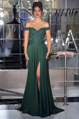 Dark Green Off-the-Shoulder Sleeveless A-Line Lace Beaded Front Slit Formal Evening Gown